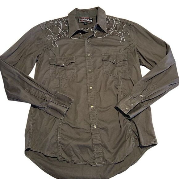 Rock & Roll Cowboy Men’s Country Western Pearl Snap Brown Stitched Design Size L - Picture 1 of 9